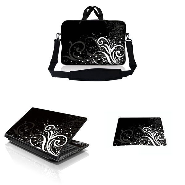 Notebook / Netbook Sleeve Carrying Case w/ Handle & Adjustable Shoulder Strap & Matching Skin & Mouse Pad – Black and White Floral