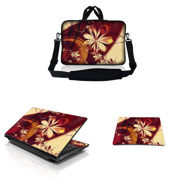 Notebook / Netbook Sleeve Carrying Case w/ Handle & Adjustable Shoulder Strap & Matching Skin & Mouse Pad – Gold Flower Floral
