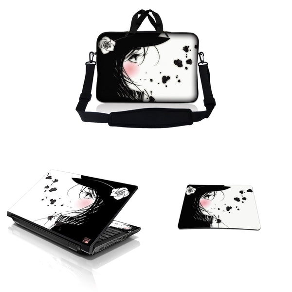 Notebook / Netbook Sleeve Carrying Case w/ Handle & Adjustable Shoulder Strap & Matching Skin & Mouse Pad – Girl with White Rose
