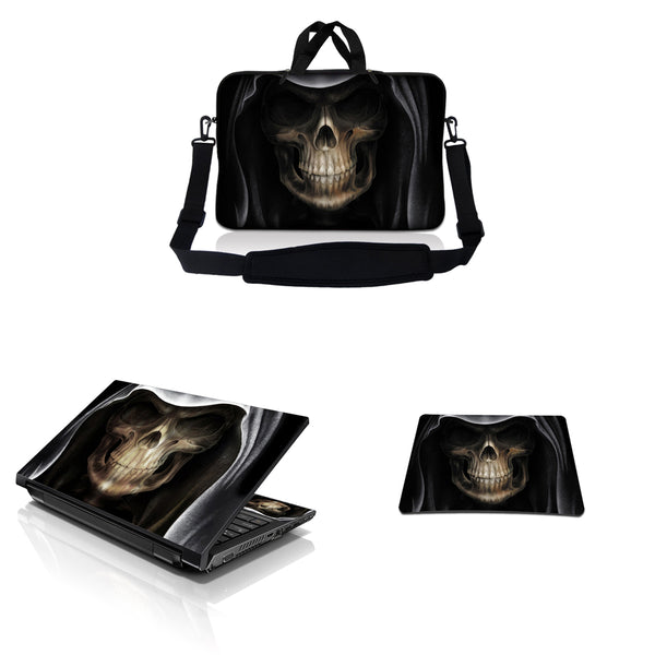 Notebook / Netbook Sleeve Carrying Case w/ Handle & Adjustable Shoulder Strap & Matching Skin & Mouse Pad – Hooded Dark Lord Skull