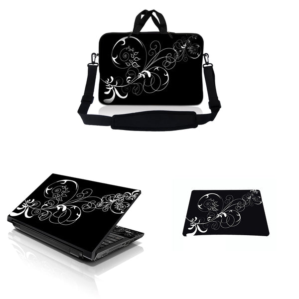 Notebook / Netbook Sleeve Carrying Case w/ Handle & Adjustable Shoulder Strap & Matching Skin & Mouse Pad – Black and White Swirl Floral