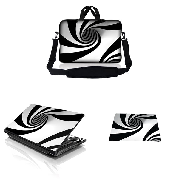 Notebook / Netbook Sleeve Carrying Case w/ Handle & Adjustable Shoulder Strap & Matching Skin & Mouse Pad – Tornado White and Black Swirl