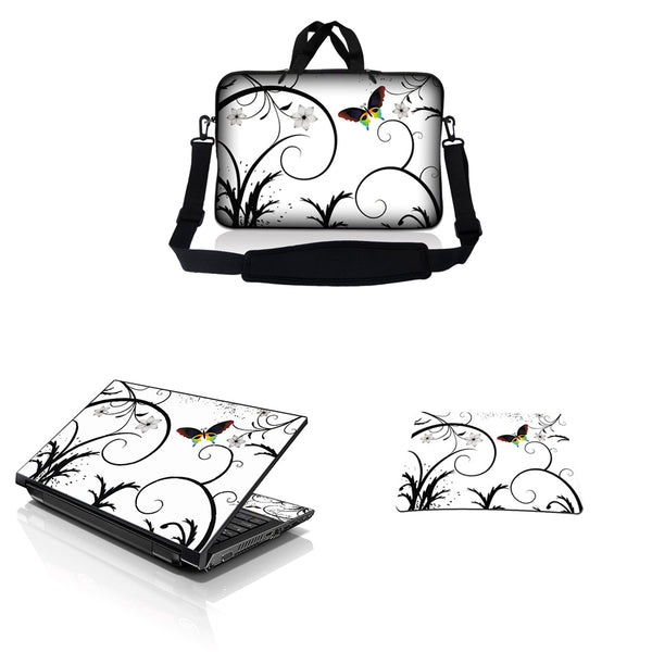 Notebook / Netbook Sleeve Carrying Case w/ Handle & Adjustable Shoulder Strap & Matching Skin & Mouse Pad – White Butterfly Escape Floral