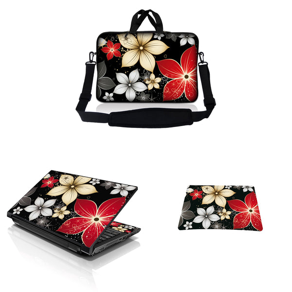 Notebook / Netbook Sleeve Carrying Case w/ Handle & Adjustable Shoulder Strap & Matching Skin & Mouse Pad – Black Gray Red Flower Leaves