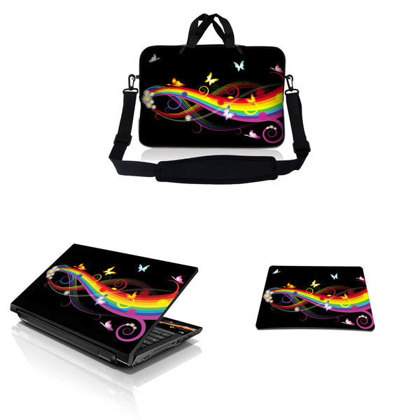 Notebook / Netbook Sleeve Carrying Case w/ Handle & Adjustable Shoulder Strap & Matching Skin & Mouse Pad – Rainbow Butterfly