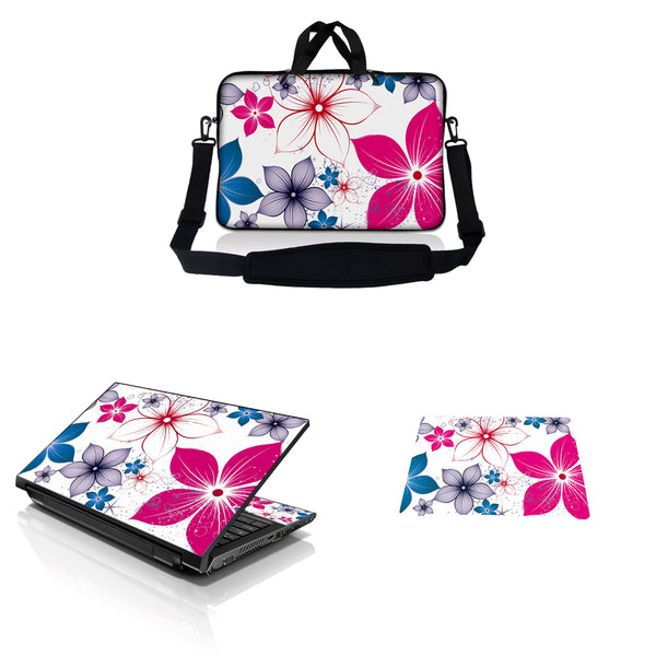 Notebook / Netbook Sleeve Carrying Case w/ Handle & Adjustable Shoulder Strap & Matching Skin & Mouse Pad – White Pink Blue Flower Leaves