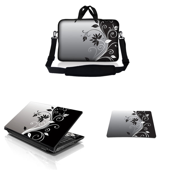 Notebook / Netbook Sleeve Carrying Case w/ Handle & Adjustable Shoulder Strap & Matching Skin & Mouse Pad – Gray Black Swirl Floral