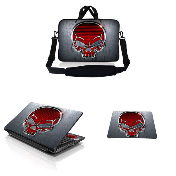 Notebook / Netbook Sleeve Carrying Case w/ Handle & Adjustable Shoulder Strap & Matching Skin & Mouse Pad – Silver Red Skull