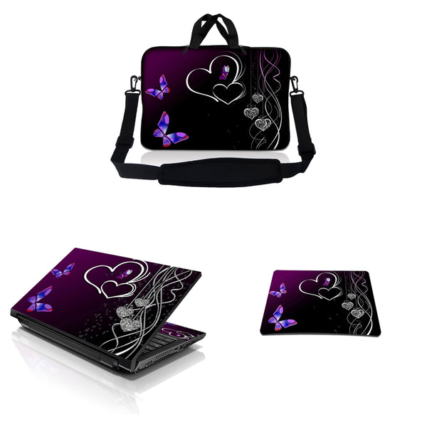 Notebook / Netbook Sleeve Carrying Case w/ Handle & Adjustable Shoulder Strap & Matching Skin & Mouse Pad – Butterfly Heart Floral