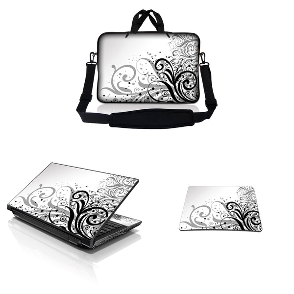 Notebook / Netbook Sleeve Carrying Case w/ Handle & Adjustable Shoulder Strap & Matching Skin & Mouse Pad – Grey Swirl Black & White Floral