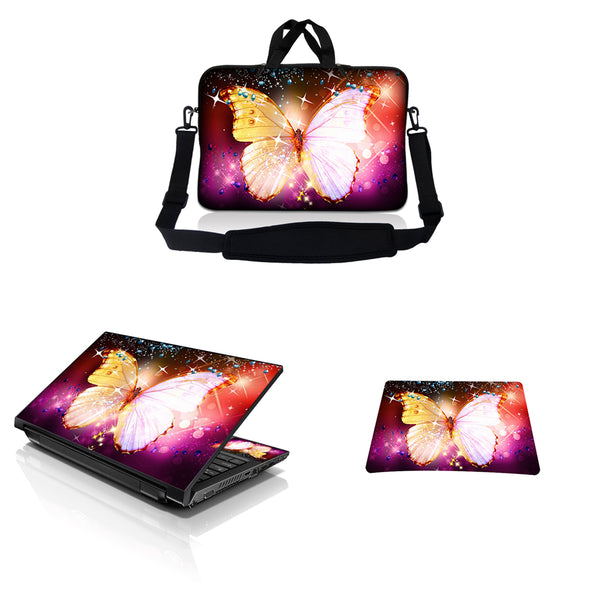 Notebook / Netbook Sleeve Carrying Case w/ Handle & Adjustable Shoulder Strap & Matching Skin & Mouse Pad – Sparkling Butterfly