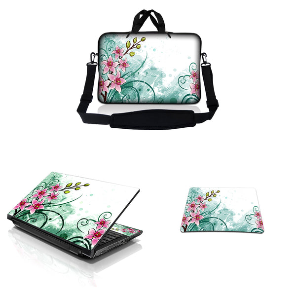 Notebook / Netbook Sleeve Carrying Case w/ Handle & Adjustable Shoulder Strap & Matching Skin & Mouse Pad – Pink Flower Floral