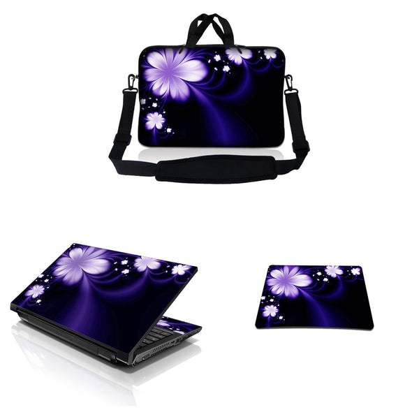 Notebook / Netbook Sleeve Carrying Case w/ Handle & Adjustable Shoulder Strap & Matching Skin & Mouse Pad – Purple Flower Floral