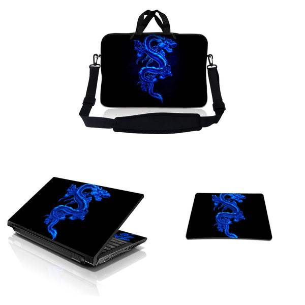 Notebook / Netbook Sleeve Carrying Case w/ Handle & Adjustable Shoulder Strap & Matching Skin & Mouse Pad – Blue Dragon