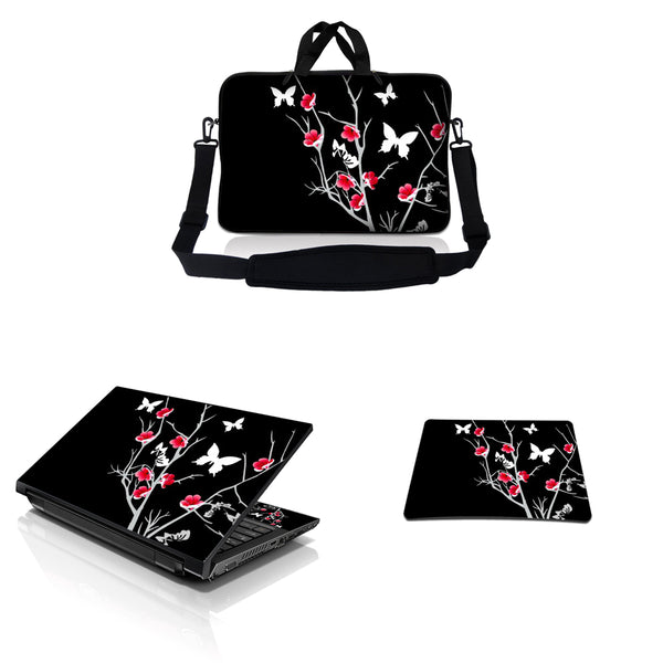 Notebook / Netbook Sleeve Carrying Case w/ Handle & Adjustable Shoulder Strap & Matching Skin & Mouse Pad – Pink Gray Floral