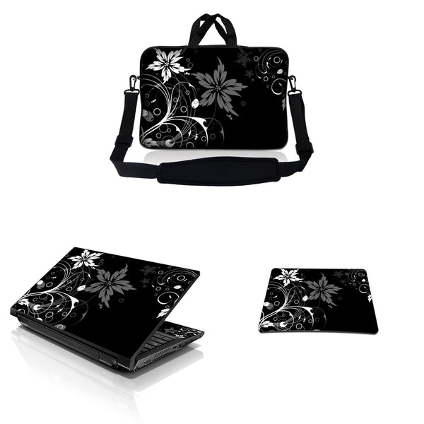 Notebook / Netbook Sleeve Carrying Case w/ Handle & Adjustable Shoulder Strap & Matching Skin & Mouse Pad – Black and White Floral