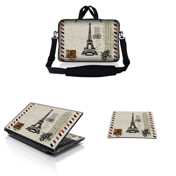 Notebook / Netbook Sleeve Carrying Case w/ Handle & Adjustable Shoulder Strap & Matching Skin & Mouse Pad – Paris Design