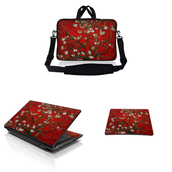 Notebook / Netbook Sleeve Carrying Case w/ Handle & Adjustable Shoulder Strap & Matching Skin & Mouse Pad – Red Almond Trees