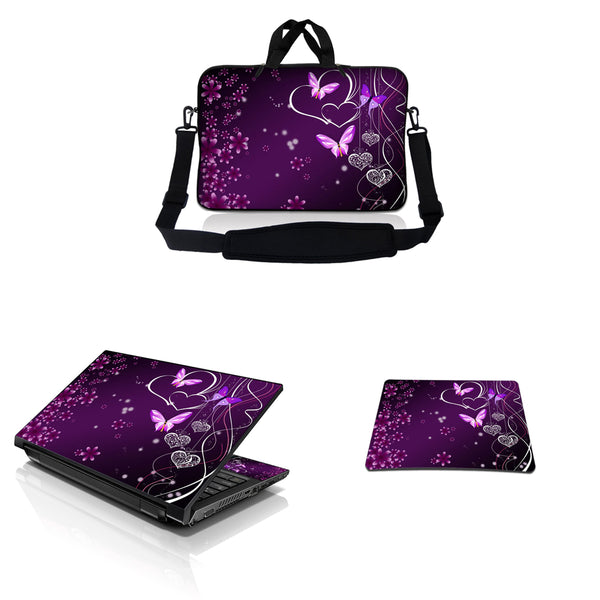Notebook / Netbook Sleeve Carrying Case w/ Handle & Adjustable Shoulder Strap & Matching Skin & Mouse Pad – Purple Heart Butterfly
