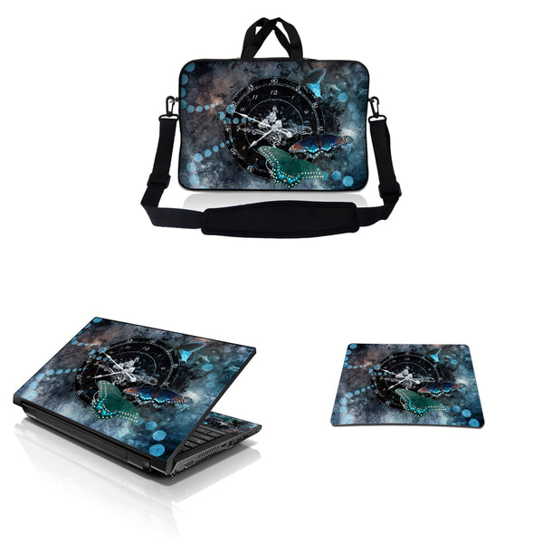 Notebook / Netbook Sleeve Carrying Case w/ Handle & Adjustable Shoulder Strap & Matching Skin & Mouse Pad – Clock Butterfly Time
