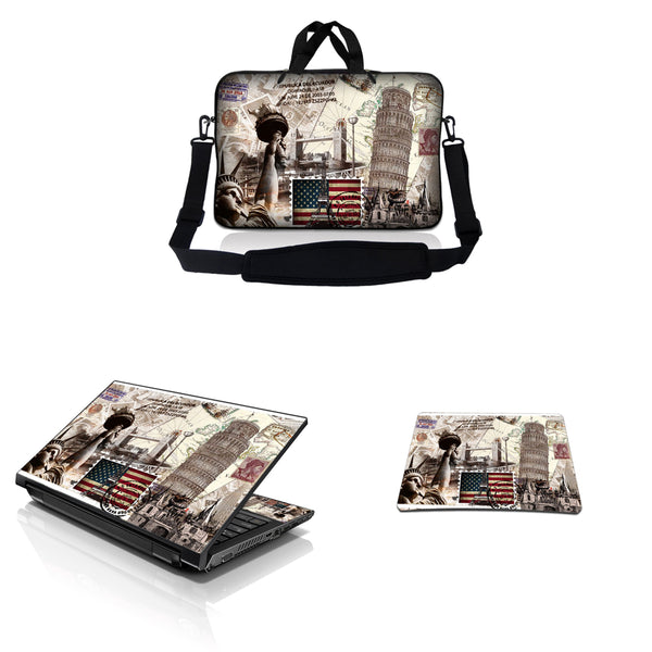 Notebook / Netbook Sleeve Carrying Case w/ Handle & Adjustable Shoulder Strap & Matching Skin & Mouse Pad – World Landmarks