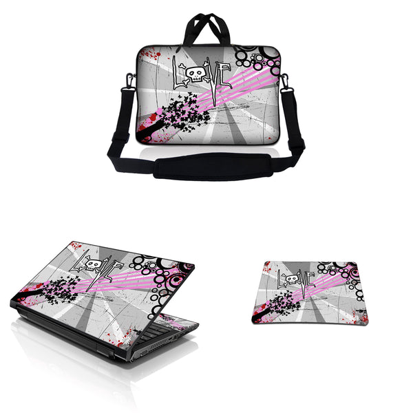 Notebook / Netbook Sleeve Carrying Case w/ Handle & Adjustable Shoulder Strap & Matching Skin & Mouse Pad – Love Skull Floral