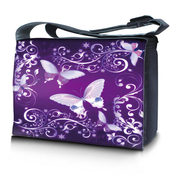 Laptop Padded Compartment Shoulder Messenger Bag Carrying Case – Purple Butterfly