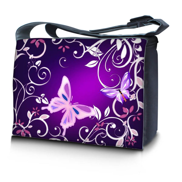 Laptop Padded Compartment Shoulder Messenger Bag Carrying Case – Purple Butterfly Floral