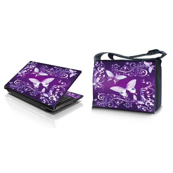 Laptop Padded Compartment Shoulder Messenger Bag Carrying Case & Matching Skin – Purple Butterfly
