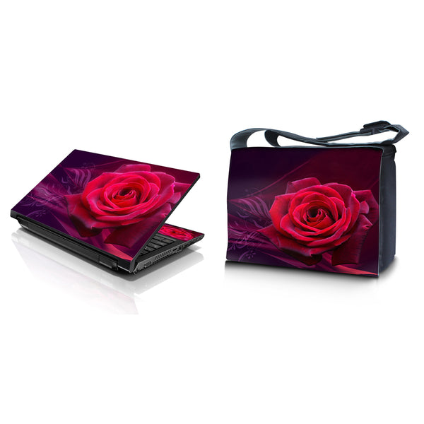 Laptop Padded Compartment Shoulder Messenger Bag Carrying Case & Matching Skin – Pink Rose Floral Flower