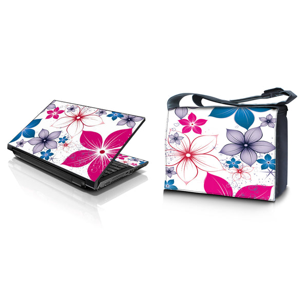 Laptop Padded Compartment Shoulder Messenger Bag Carrying Case & Matching Skin – White Pink Blue Flower Leaves