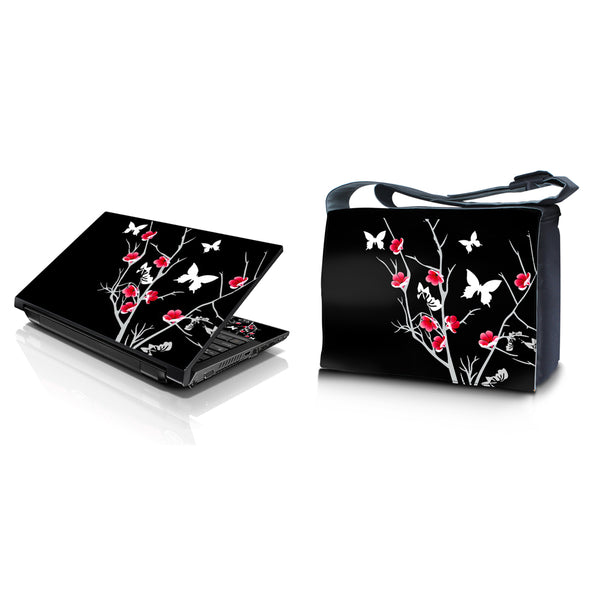 Laptop Padded Compartment Shoulder Messenger Bag Carrying Case & Matching Skin – Black Red Flowers Butterfly