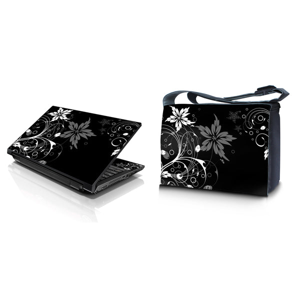 Laptop Padded Compartment Shoulder Messenger Bag Carrying Case & Matching Skin – Black and White Floral