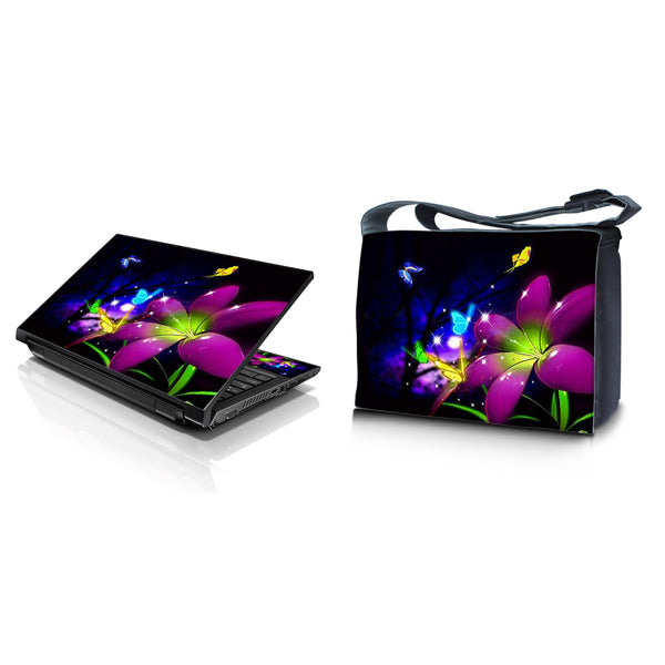 Laptop Padded Compartment Shoulder Messenger Bag Carrying Case & Matching Skin – Purple Blue Floral