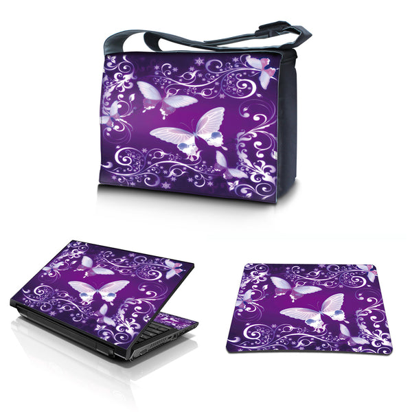 Laptop Padded Compartment Shoulder Messenger Bag Carrying Case & Matching Skin & Mouse Pad – Purple Butterfly