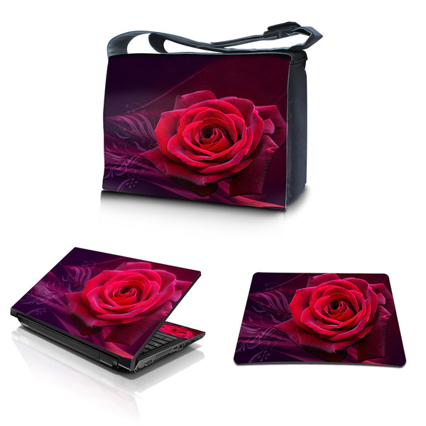 Laptop Padded Compartment Shoulder Messenger Bag Carrying Case & Matching Skin & Mouse Pad – Pink Rose Floral Flower