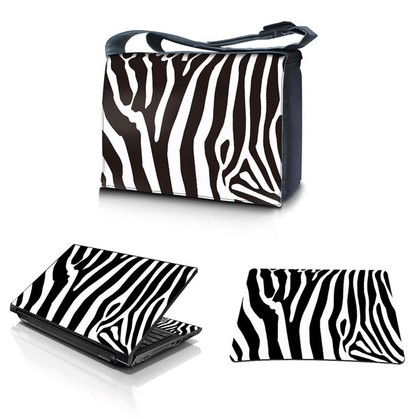 Laptop Padded Compartment Shoulder Messenger Bag Carrying Case & Matching Skin & Mouse Pad – Zebra Print