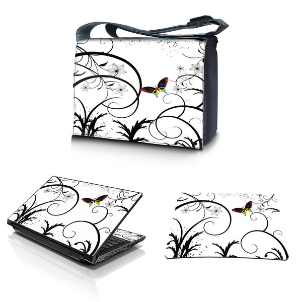 Laptop Padded Compartment Shoulder Messenger Bag Carrying Case & Matching Skin & Mouse Pad – White Butterfly Escape Floral