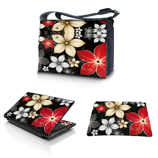 Laptop Padded Compartment Shoulder Messenger Bag Carrying Case & Matching Skin & Mouse Pad – Black Gray Red Flower Leaves