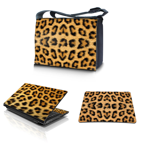 Laptop Padded Compartment Shoulder Messenger Bag Carrying Case & Matching Skin & Mouse Pad – Leopard Print