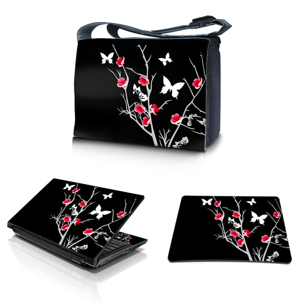 Laptop Padded Compartment Shoulder Messenger Bag Carrying Case & Matching Skin & Mouse Pad – Black Red Flowers Butterfly