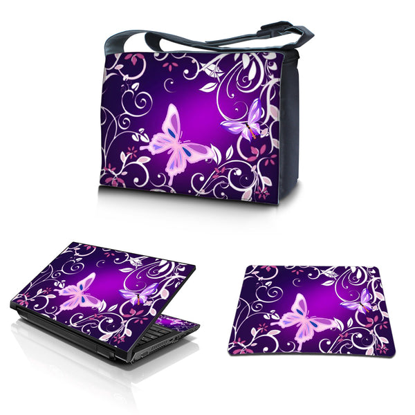 Laptop Padded Compartment Shoulder Messenger Bag Carrying Case & Matching Skin & Mouse Pad – Purple Butterfly Floral