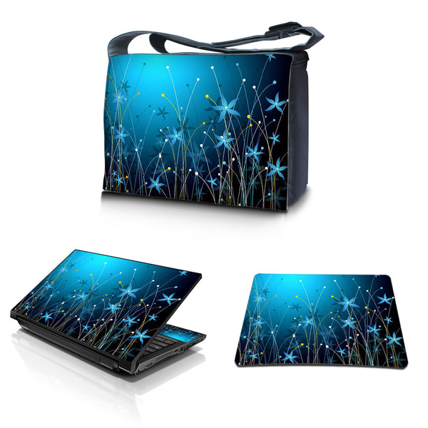 Laptop Padded Compartment Shoulder Messenger Bag Carrying Case & Matching Skin & Mouse Pad – Blue Floral