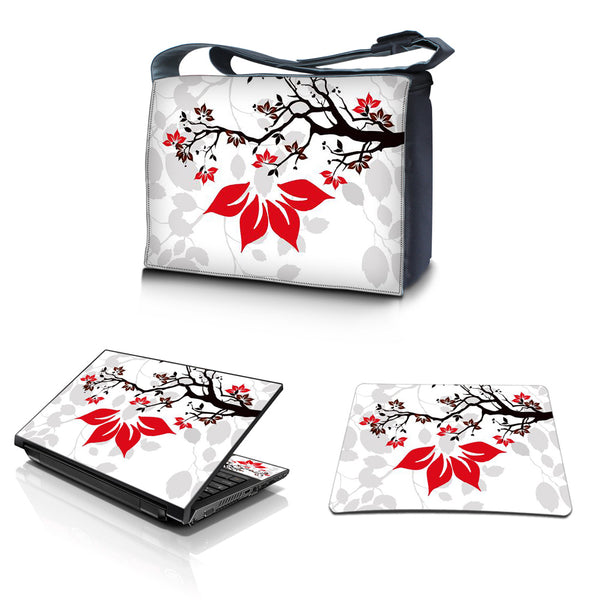 Laptop Padded Compartment Shoulder Messenger Bag Carrying Case & Matching Skin & Mouse Pad – White Grey Branches Floral