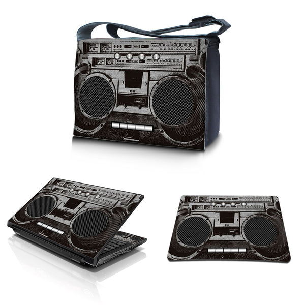 Laptop Padded Compartment Shoulder Messenger Bag Carrying Case & Matching Skin & Mouse Pad – Cassette Player Design