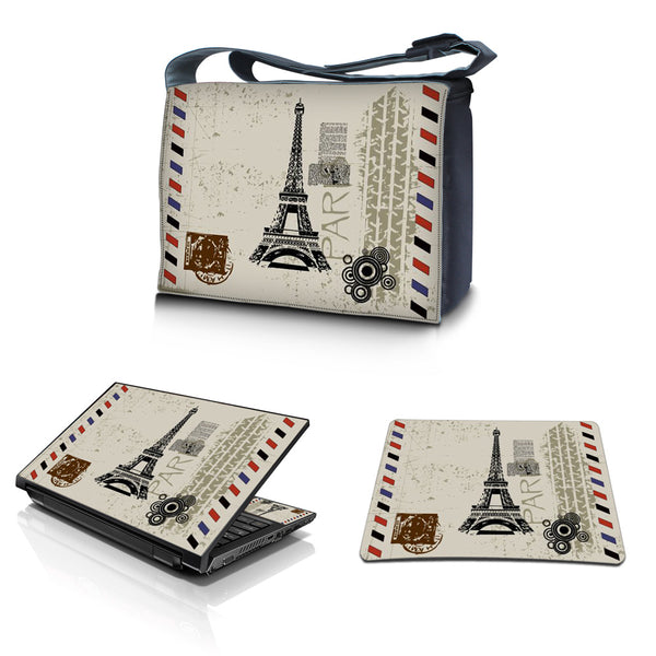 Laptop Padded Compartment Shoulder Messenger Bag Carrying Case & Matching Skin & Mouse Pad – Paris Design