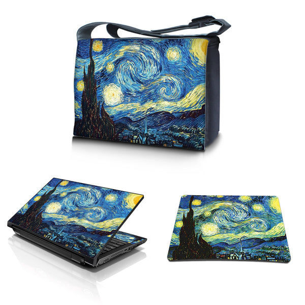Laptop Padded Compartment Shoulder Messenger Bag Carrying Case & Matching Skin & Mouse Pad – Starry Night