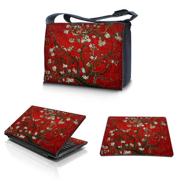 Laptop Padded Compartment Shoulder Messenger Bag Carrying Case & Matching Skin & Mouse Pad – Red Almond Trees