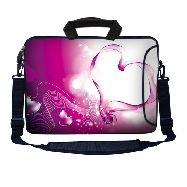 Laptop Sleeve Carrying Case with Large Side Pocket for Accessories and Removable Shoulder Strap - Pink Heart