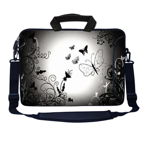 Laptop Sleeve Carrying Case with Large Side Pocket for Accessories and Removable Shoulder Strap - Dark Contrast Fade Butterfly